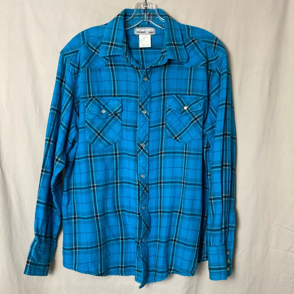 Wrangler Men’s Shirt Large Western Pearl Snaps Blue Flannel Plaid Long Sleeves